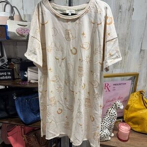 Umgee Cream and Gold Graphic T-Shirt Dress